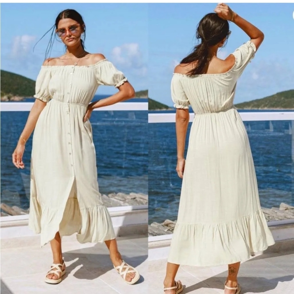 Off the shoulder beige dress
